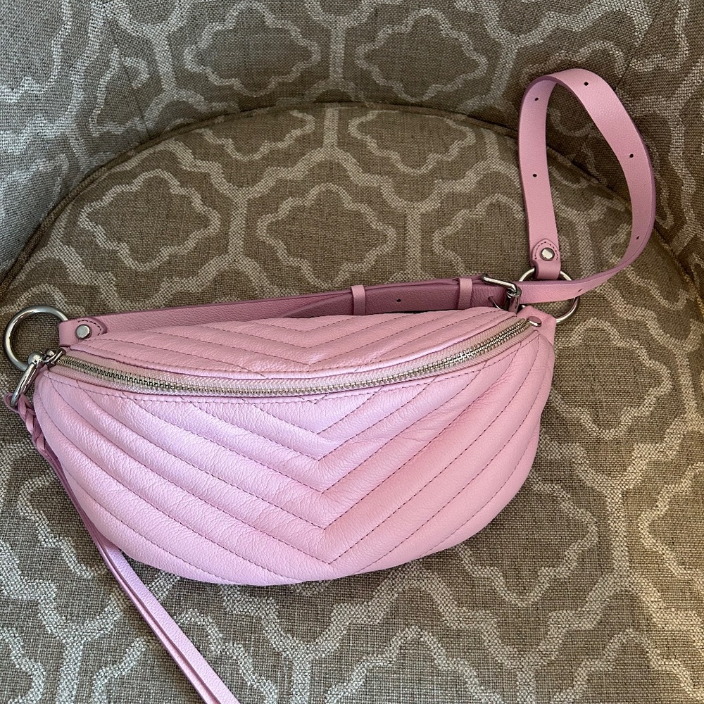 REBECCA MINKOFF Leather Edie Sling Hip Bum Quilted Bag Silver Hardware